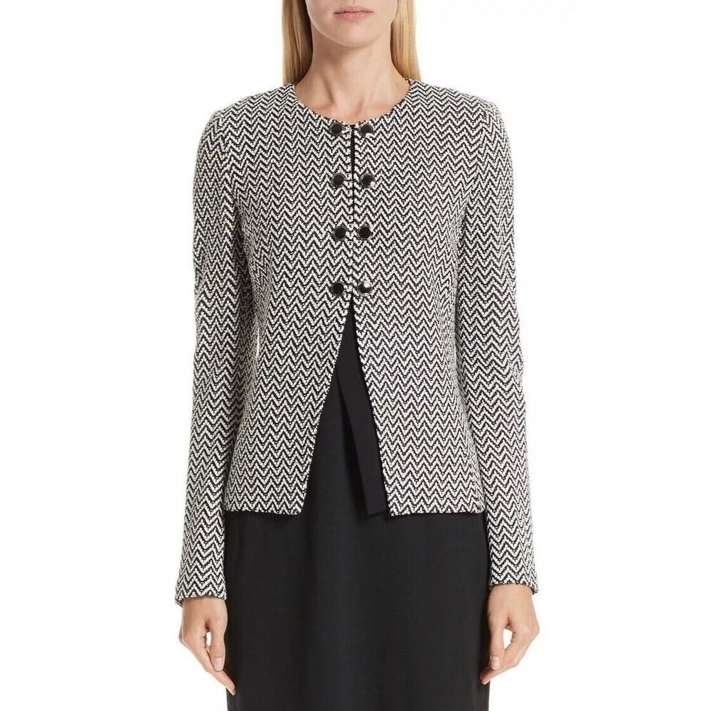 St John Women's Herringbone Knit Jacket Black White Size 12 Classic Career